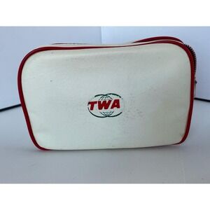 Vintage TWA Trans World Airlines White Vinyl Travel Kit Amenity Bag Red‎ Piping